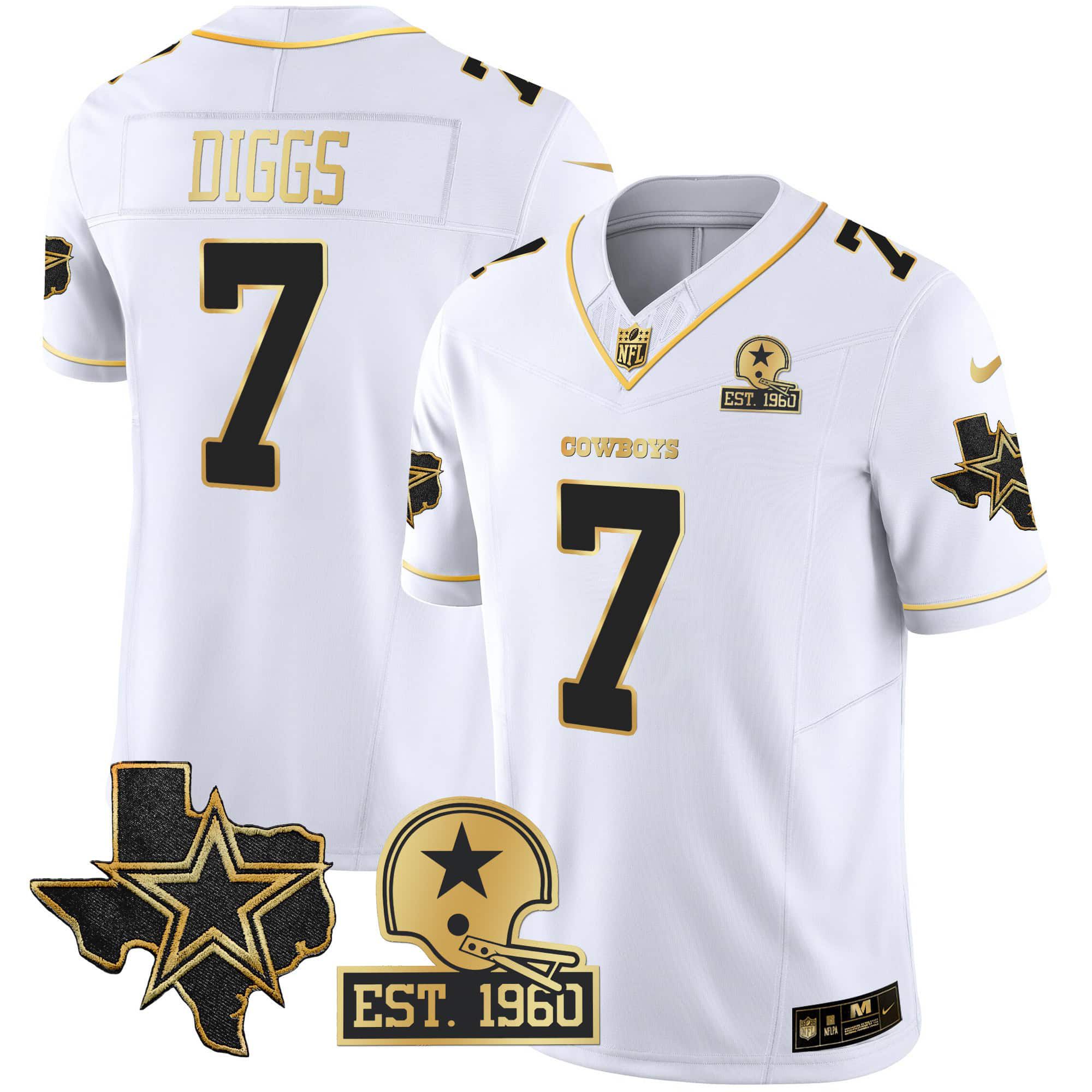 Men Dallas Cowboys 7 Diggs White Gold 2024 Nike Patch Vapor NFL Jersey
